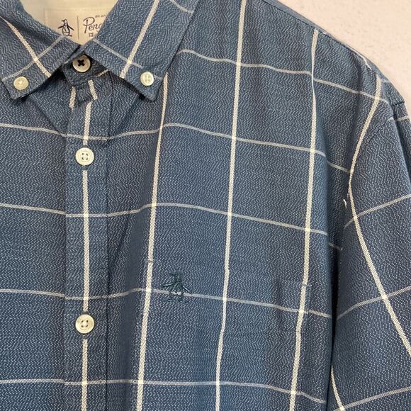 Penguin by Munsingwear Men Blue/White Plaid Pattern Polo Long Sleeve Size L - Picture 5 of 10